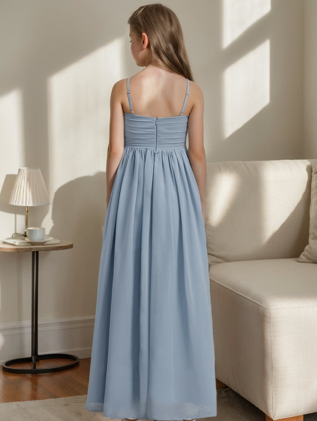 Robe de Demoiselle D'Honneur Junior à Bretelles Spaghetti et Col en V, Coupe A-Line/Princesse, avec Plis