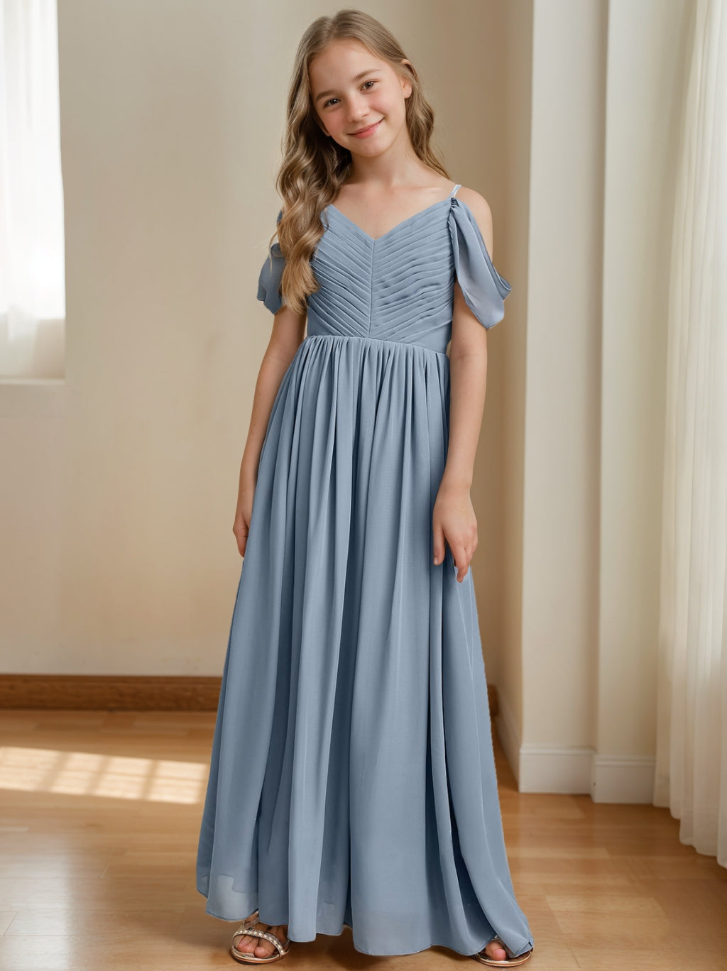 Robe de Demoiselle D'Honneur Junior à Épaules Dénudées, Coupe A-Line/Princesse, Col en V, avec Plis
