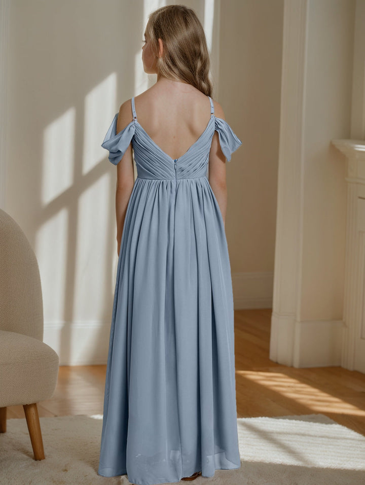 Robe de Demoiselle D'Honneur Junior à Épaules Dénudées, Coupe A-Line/Princesse, Col en V, avec Plis