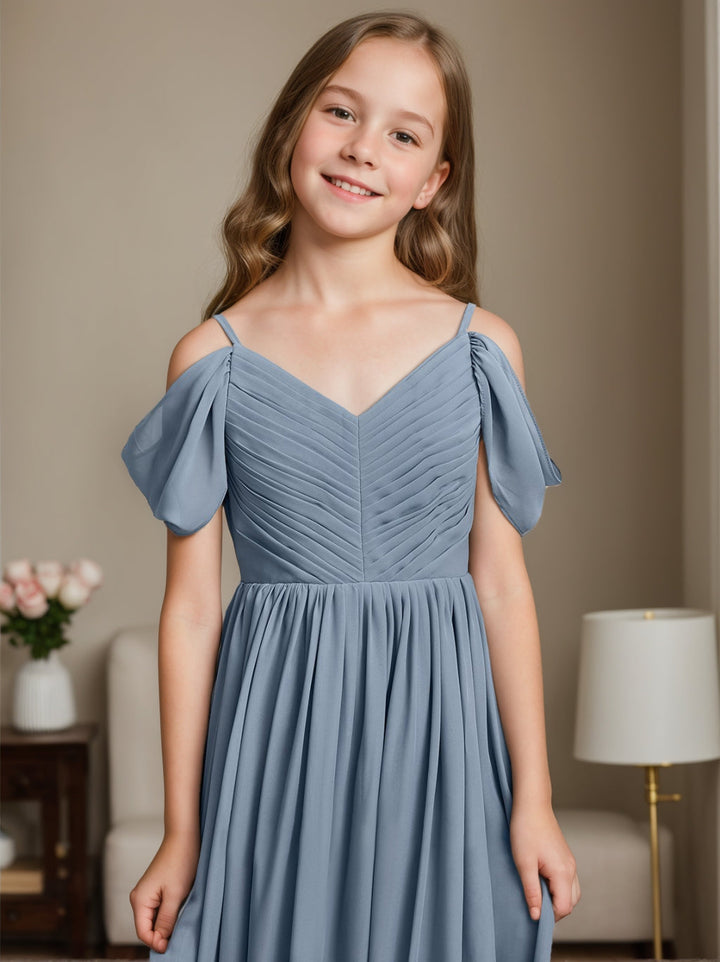 Robe de Demoiselle D'Honneur Junior à Épaules Dénudées, Coupe A-Line/Princesse, Col en V, avec Plis