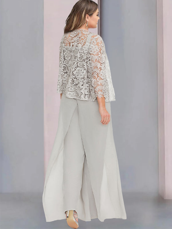 Tailleur-Pantalon en Mousseline à Col Carré et Longueur Au Sol pour Mère de la Mariée avec Veste et Fente Sur le Côté