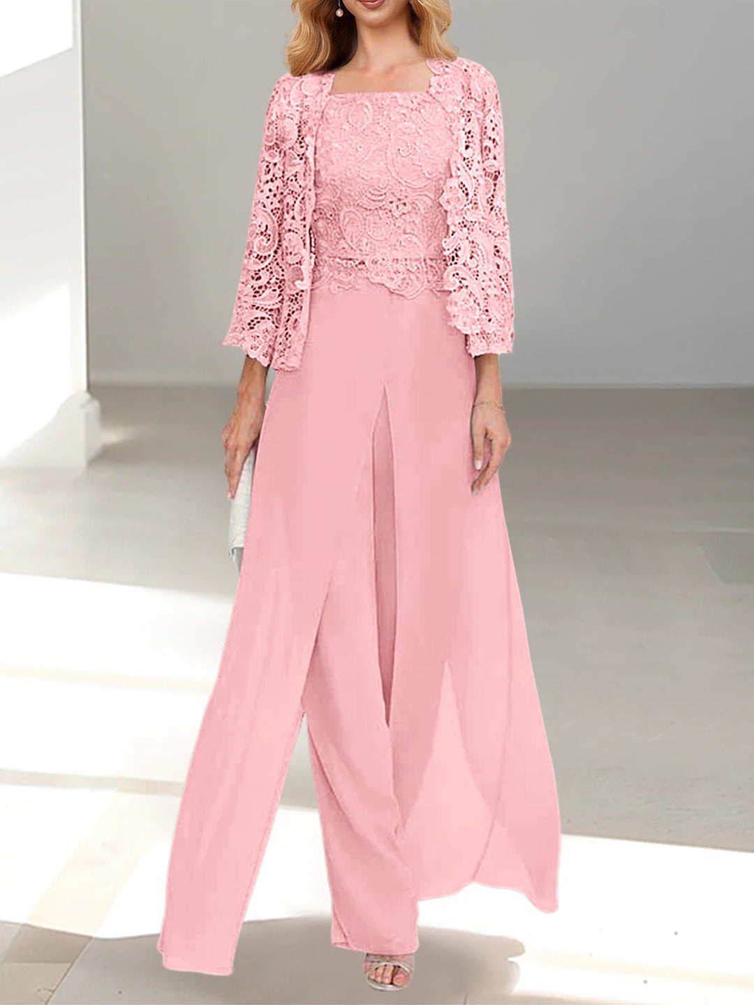 Tailleur-Pantalon en Mousseline à Col Carré et Longueur Au Sol pour Mère de la Mariée avec Veste et Fente Sur le Côté