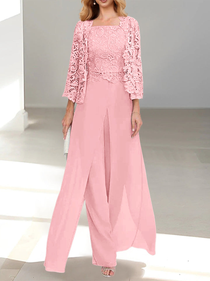 Tailleur-Pantalon en Mousseline à Col Carré et Longueur Au Sol pour Mère de la Mariée avec Veste et Fente Sur le Côté