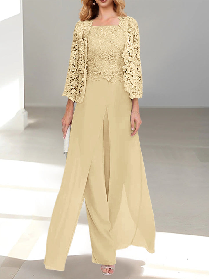 Tailleur-Pantalon en Mousseline à Col Carré et Longueur Au Sol pour Mère de la Mariée avec Veste et Fente Sur le Côté