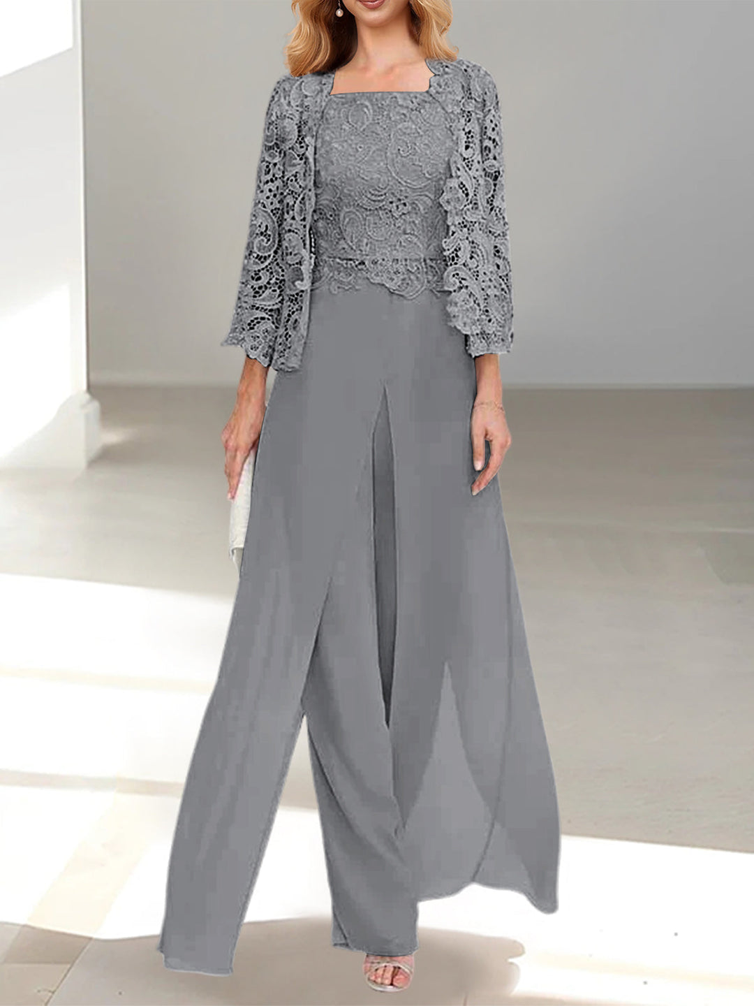 Tailleur-Pantalon en Mousseline à Col Carré et Longueur Au Sol pour Mère de la Mariée avec Veste et Fente Sur le Côté