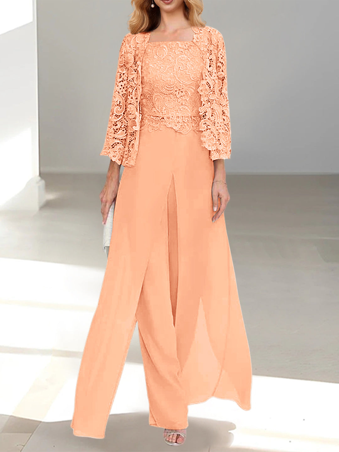 Tailleur-Pantalon en Mousseline à Col Carré et Longueur Au Sol pour Mère de la Mariée avec Veste et Fente Sur le Côté