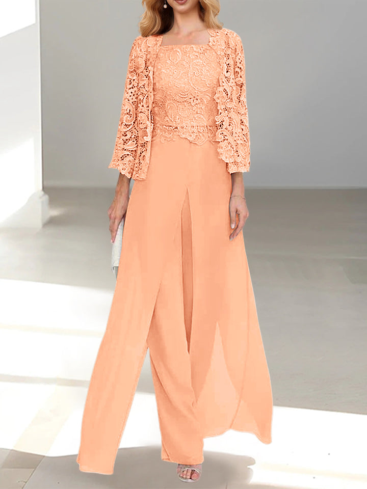 Tailleur-Pantalon en Mousseline à Col Carré et Longueur Au Sol pour Mère de la Mariée avec Veste et Fente Sur le Côté