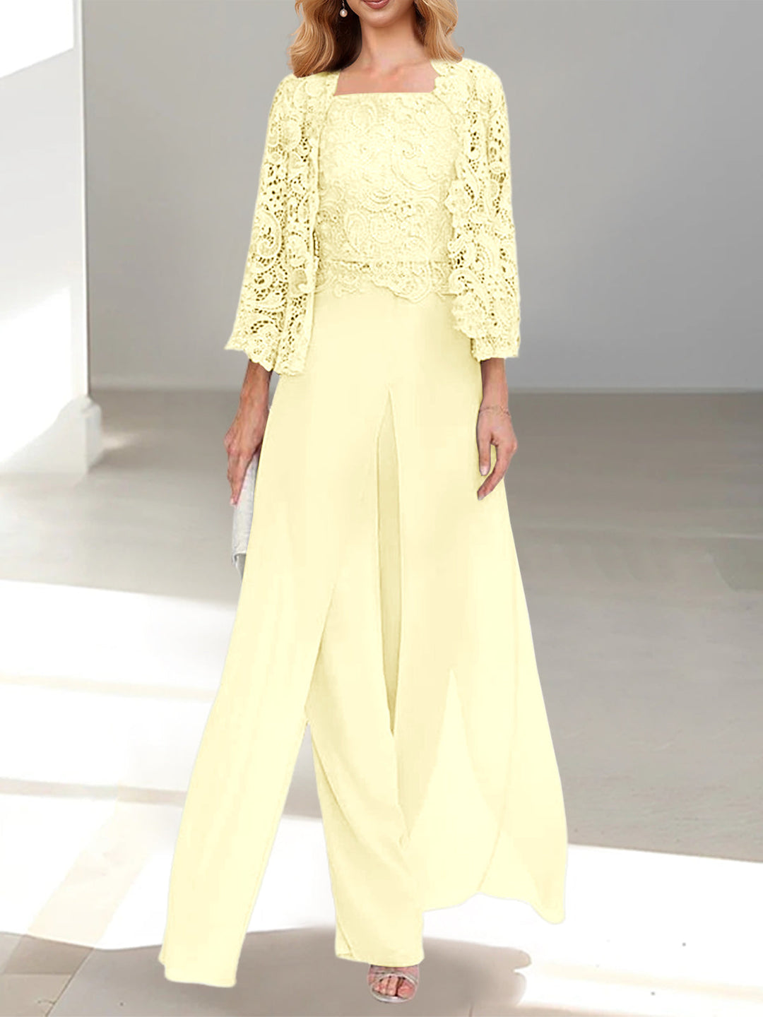 Tailleur-Pantalon en Mousseline à Col Carré et Longueur Au Sol pour Mère de la Mariée avec Veste et Fente Sur le Côté