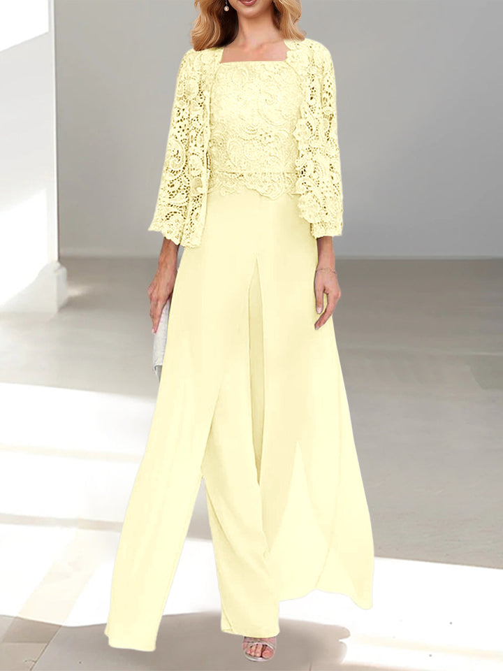 Tailleur-Pantalon en Mousseline à Col Carré et Longueur Au Sol pour Mère de la Mariée avec Veste et Fente Sur le Côté