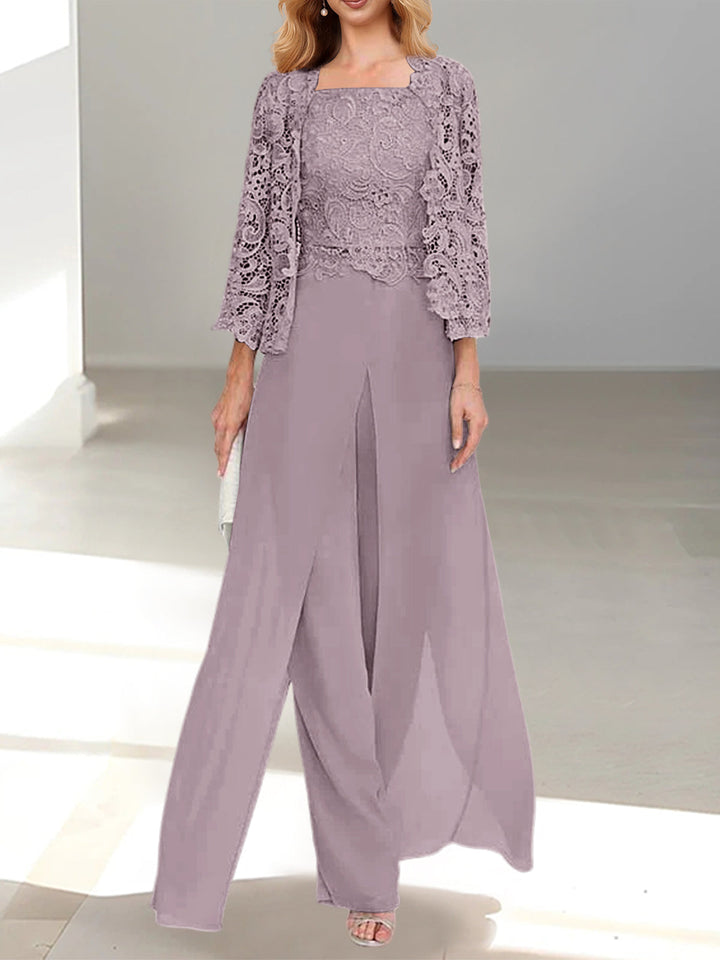 Tailleur-Pantalon en Mousseline à Col Carré et Longueur Au Sol pour Mère de la Mariée avec Veste et Fente Sur le Côté