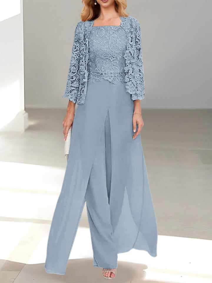 Tailleur-Pantalon en Mousseline à Col Carré et Longueur Au Sol pour Mère de la Mariée avec Veste et Fente Sur le Côté