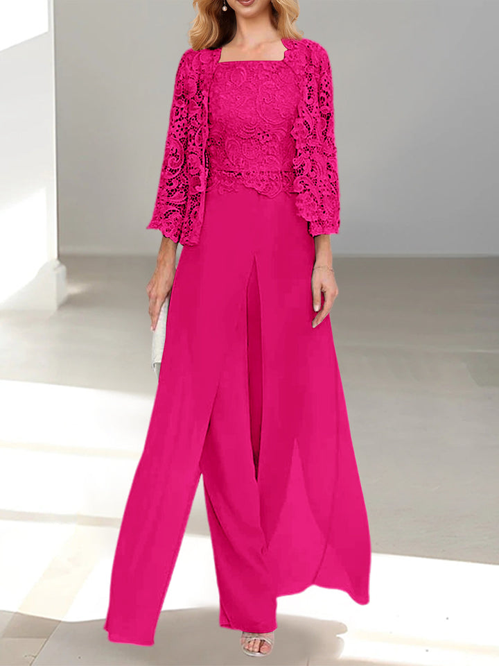 Tailleur-Pantalon en Mousseline à Col Carré et Longueur Au Sol pour Mère de la Mariée avec Veste et Fente Sur le Côté