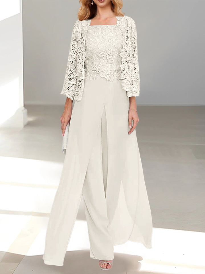 Tailleur-Pantalon en Mousseline à Col Carré et Longueur Au Sol pour Mère de la Mariée avec Veste et Fente Sur le Côté