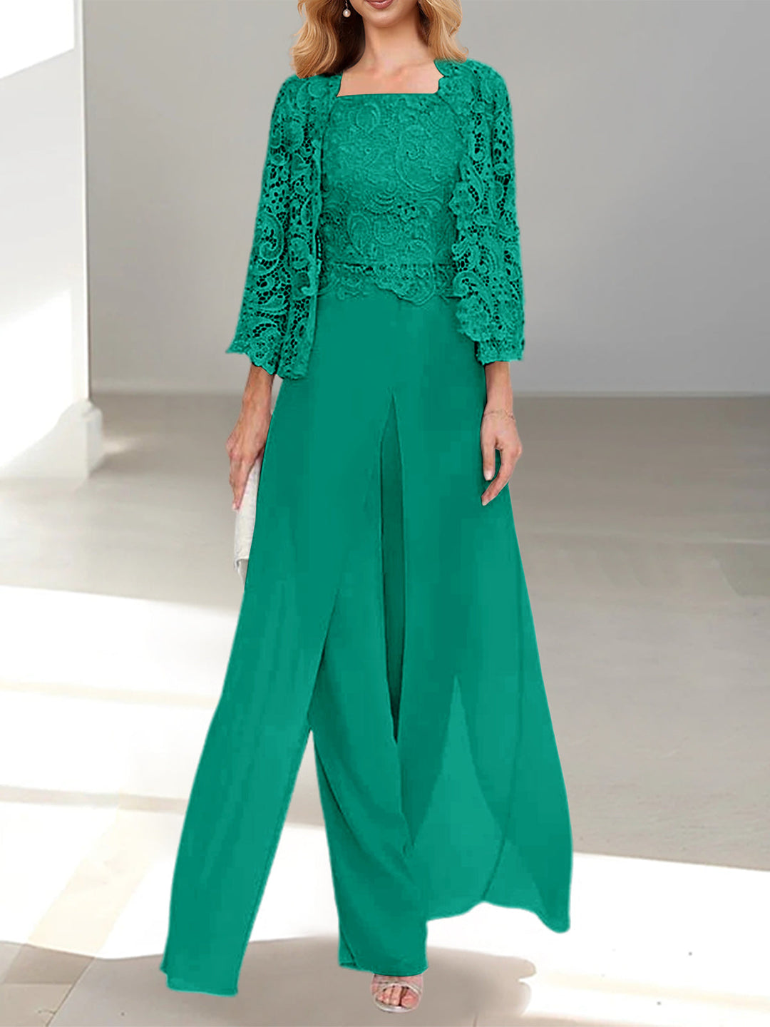 Tailleur-Pantalon en Mousseline à Col Carré et Longueur Au Sol pour Mère de la Mariée avec Veste et Fente Sur le Côté