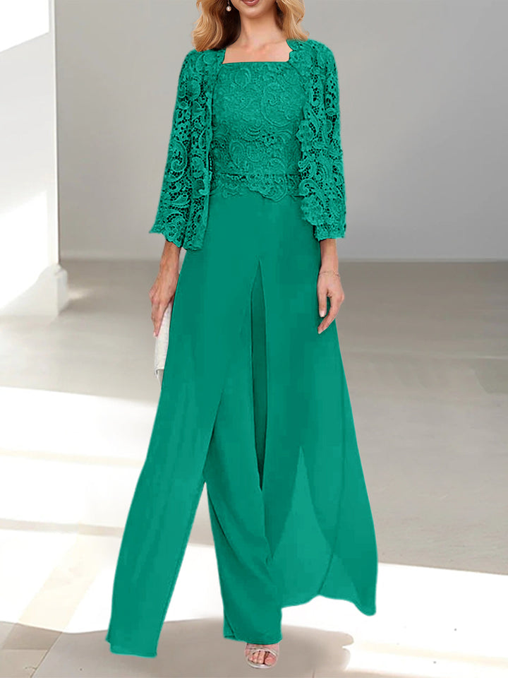 Tailleur-Pantalon en Mousseline à Col Carré et Longueur Au Sol pour Mère de la Mariée avec Veste et Fente Sur le Côté