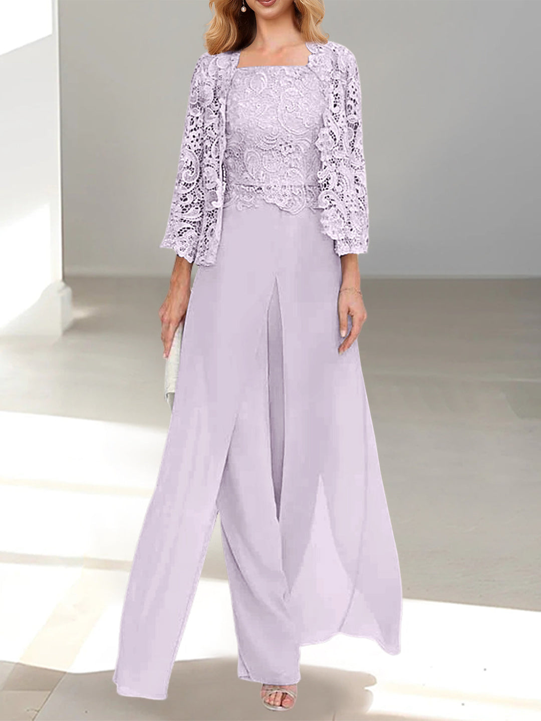 Tailleur-Pantalon en Mousseline à Col Carré et Longueur Au Sol pour Mère de la Mariée avec Veste et Fente Sur le Côté