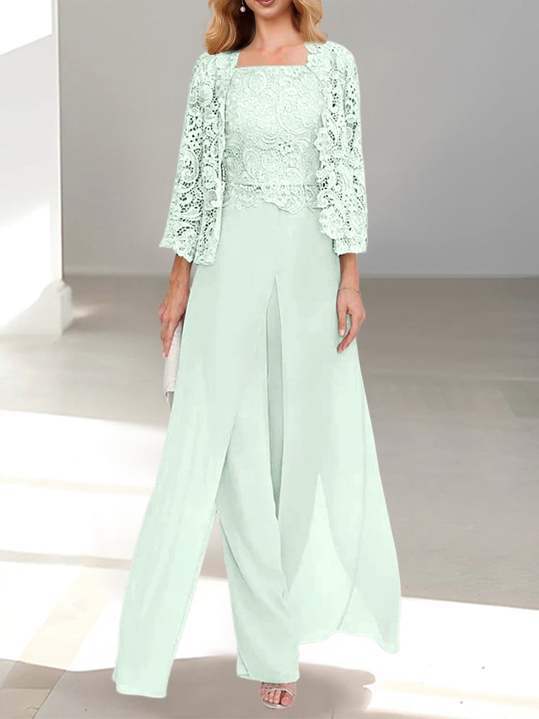 Tailleur-Pantalon en Mousseline à Col Carré et Longueur Au Sol pour Mère de la Mariée avec Veste et Fente Sur le Côté