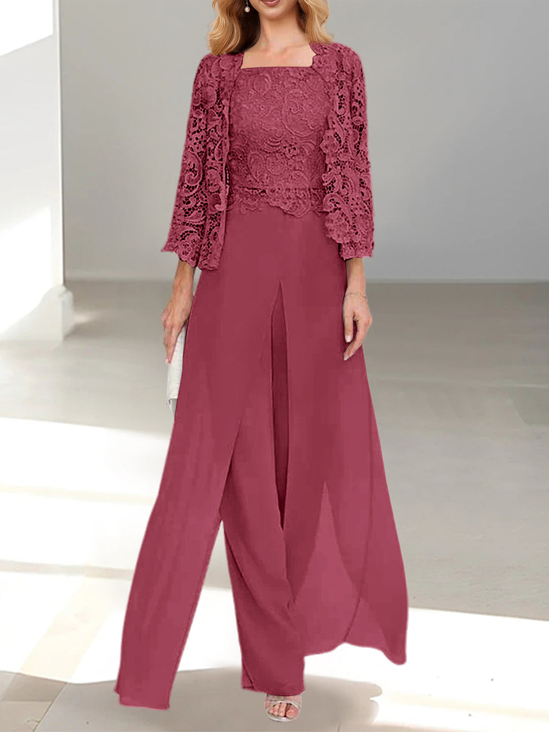 Tailleur-Pantalon en Mousseline à Col Carré et Longueur Au Sol pour Mère de la Mariée avec Veste et Fente Sur le Côté