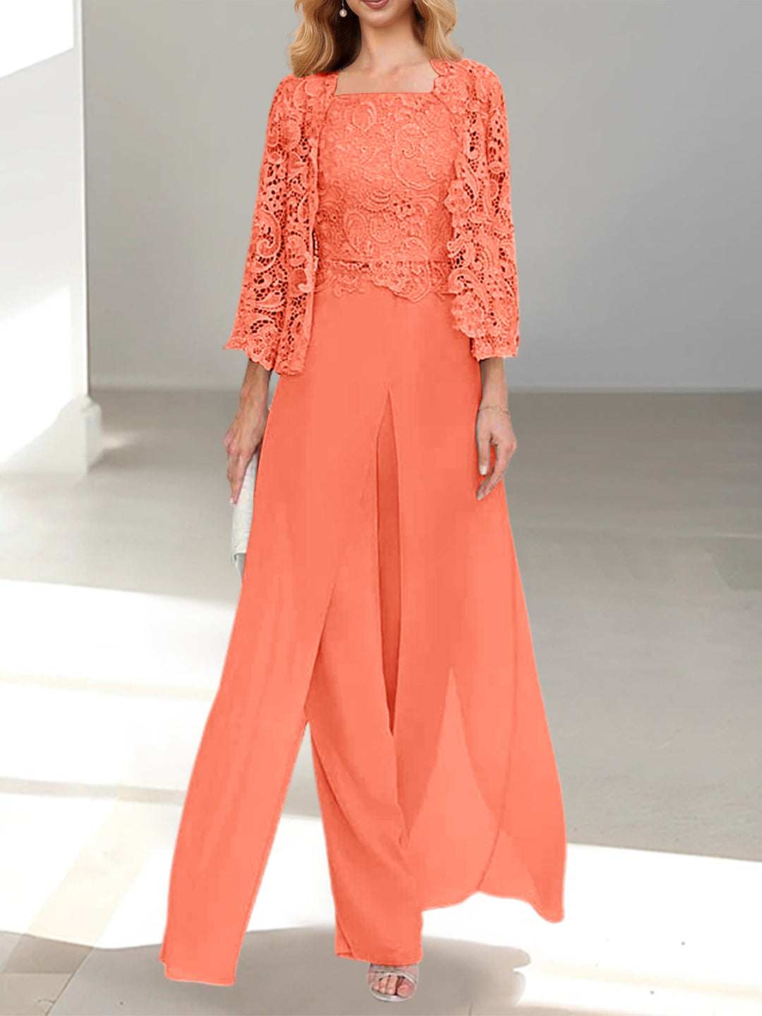 Tailleur-Pantalon en Mousseline à Col Carré et Longueur Au Sol pour Mère de la Mariée avec Veste et Fente Sur le Côté