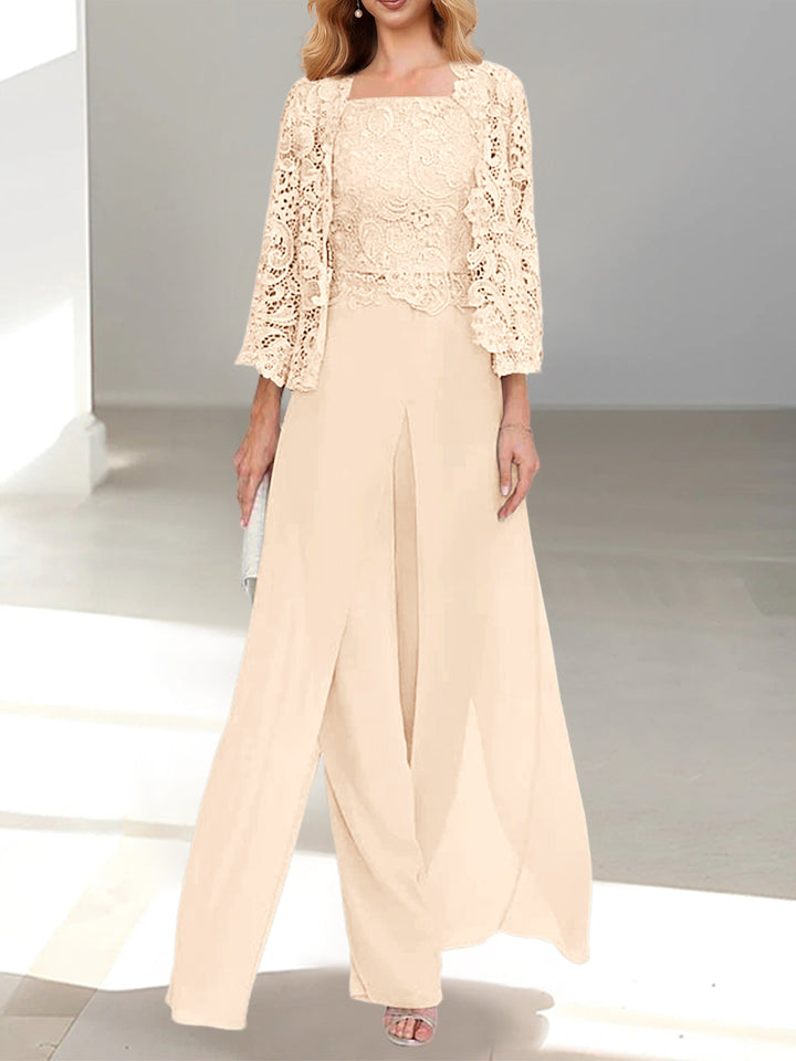 Tailleur-Pantalon en Mousseline à Col Carré et Longueur Au Sol pour Mère de la Mariée avec Veste et Fente Sur le Côté