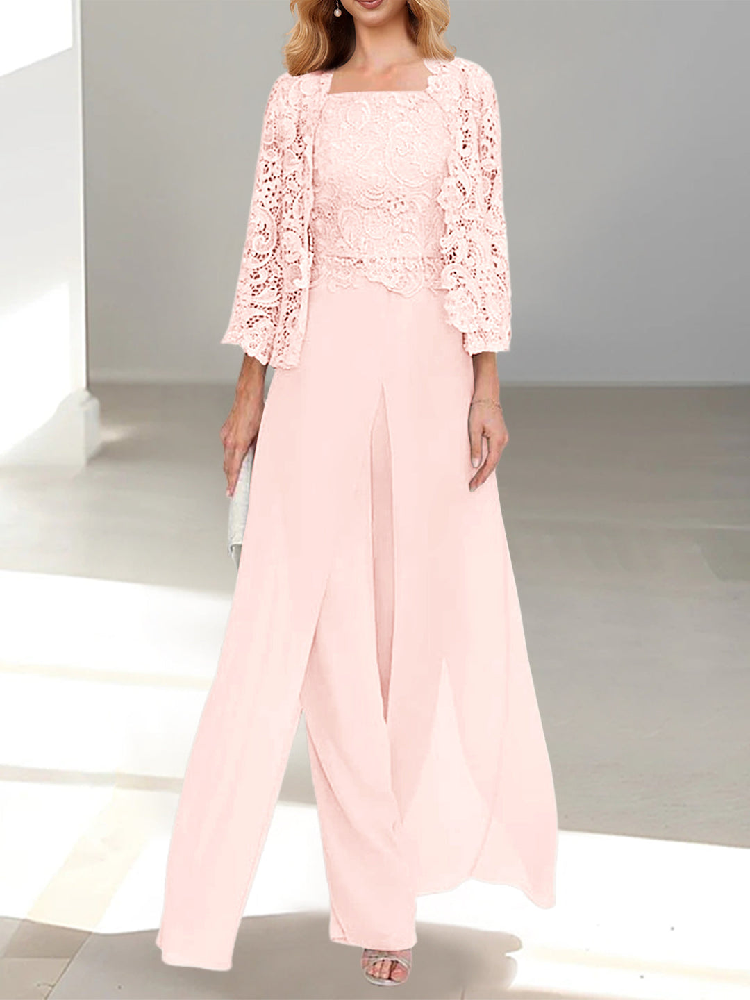 Tailleur-Pantalon en Mousseline à Col Carré et Longueur Au Sol pour Mère de la Mariée avec Veste et Fente Sur le Côté