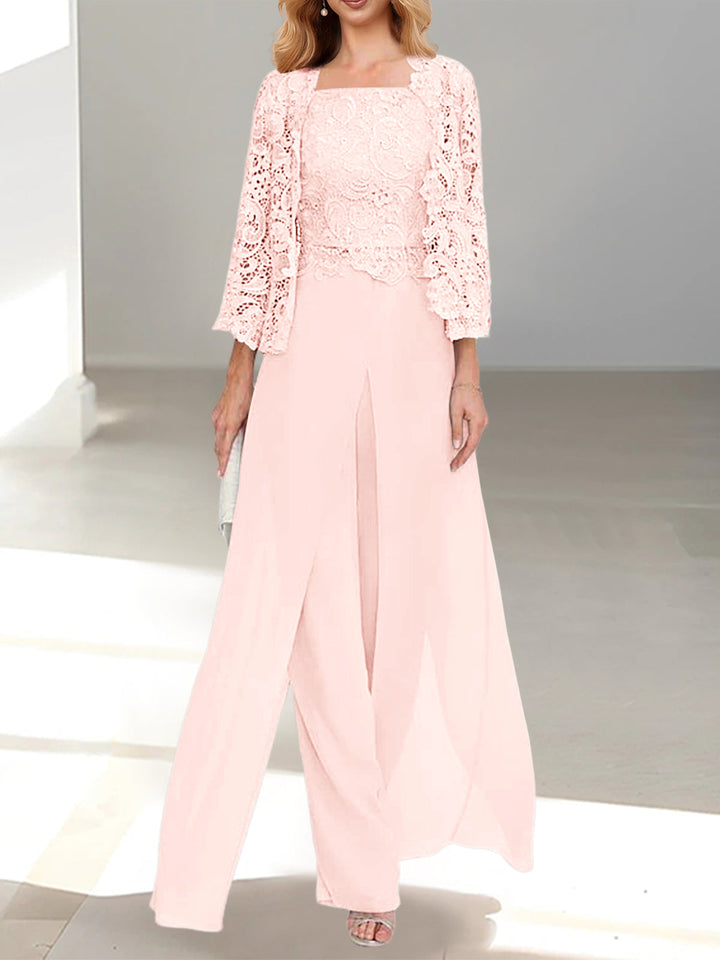 Tailleur-Pantalon en Mousseline à Col Carré et Longueur Au Sol pour Mère de la Mariée avec Veste et Fente Sur le Côté