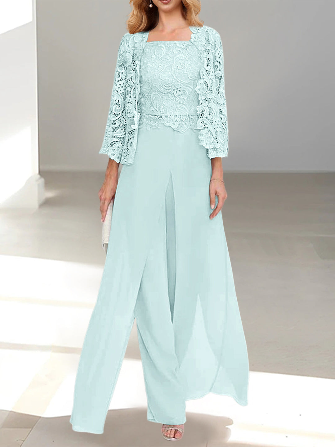 Tailleur-Pantalon en Mousseline à Col Carré et Longueur Au Sol pour Mère de la Mariée avec Veste et Fente Sur le Côté