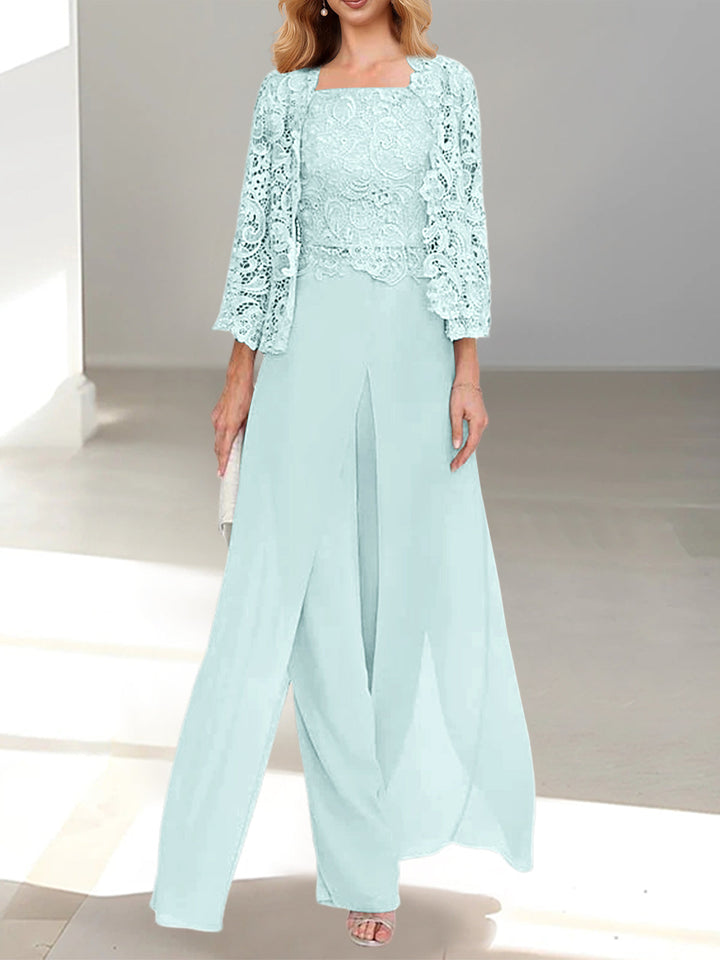 Tailleur-Pantalon en Mousseline à Col Carré et Longueur Au Sol pour Mère de la Mariée avec Veste et Fente Sur le Côté