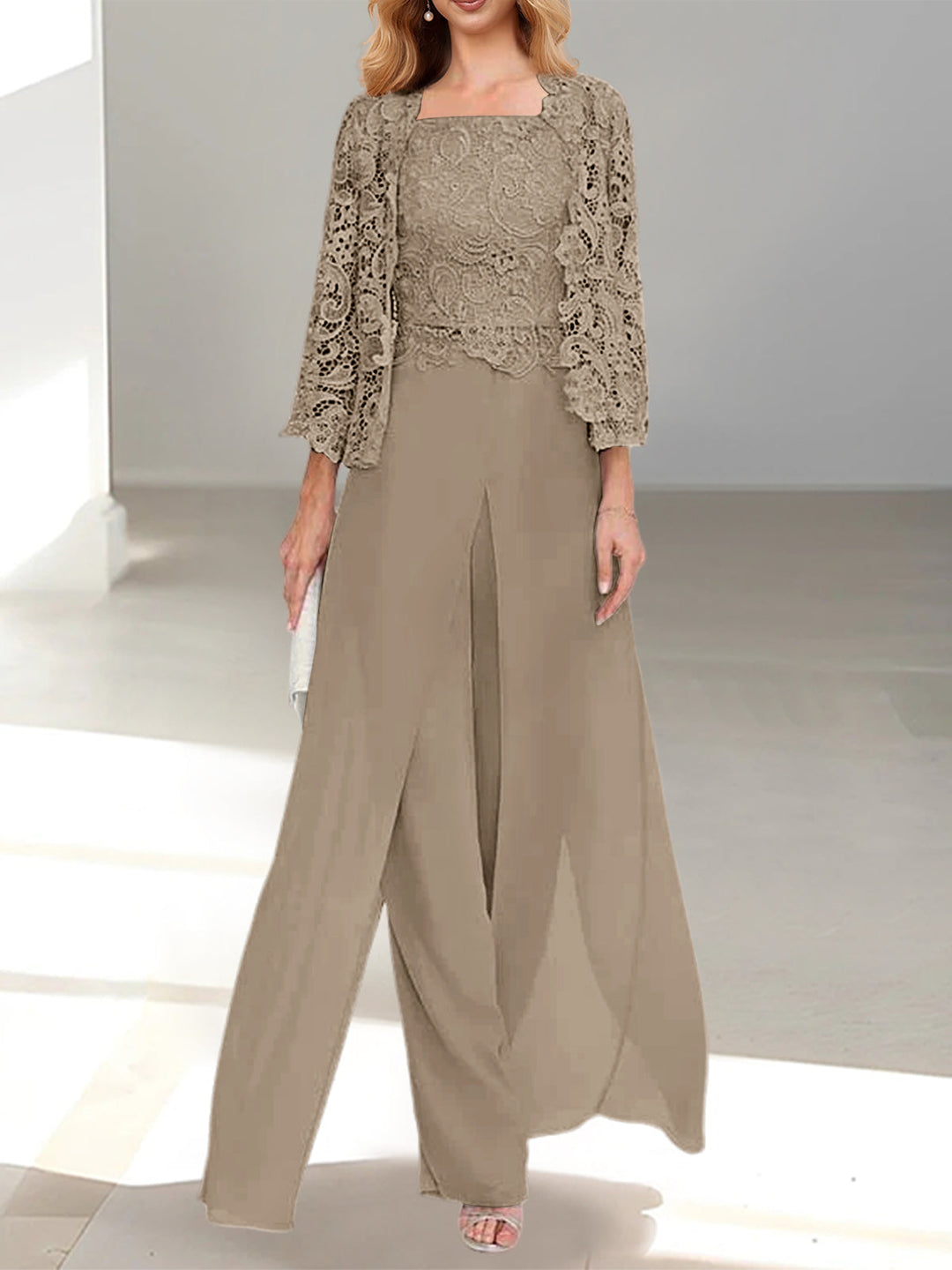 Tailleur-Pantalon en Mousseline à Col Carré et Longueur Au Sol pour Mère de la Mariée avec Veste et Fente Sur le Côté