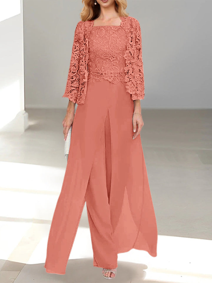 Tailleur-Pantalon en Mousseline à Col Carré et Longueur Au Sol pour Mère de la Mariée avec Veste et Fente Sur le Côté