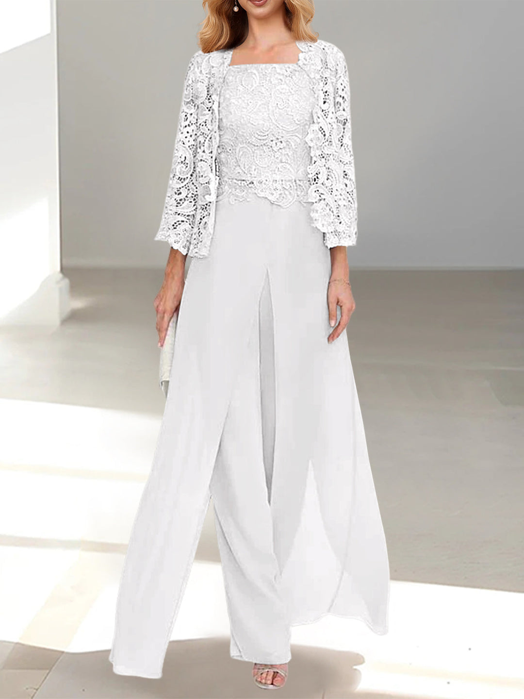 Tailleur-Pantalon en Mousseline à Col Carré et Longueur Au Sol pour Mère de la Mariée avec Veste et Fente Sur le Côté