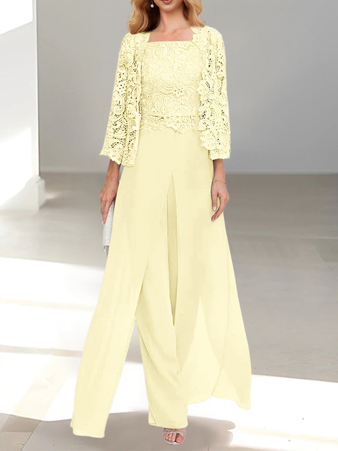 Tailleur-Pantalon en Mousseline à Col Carré et Longueur Au Sol pour Mère de la Mariée avec Veste et Fente Sur le Côté