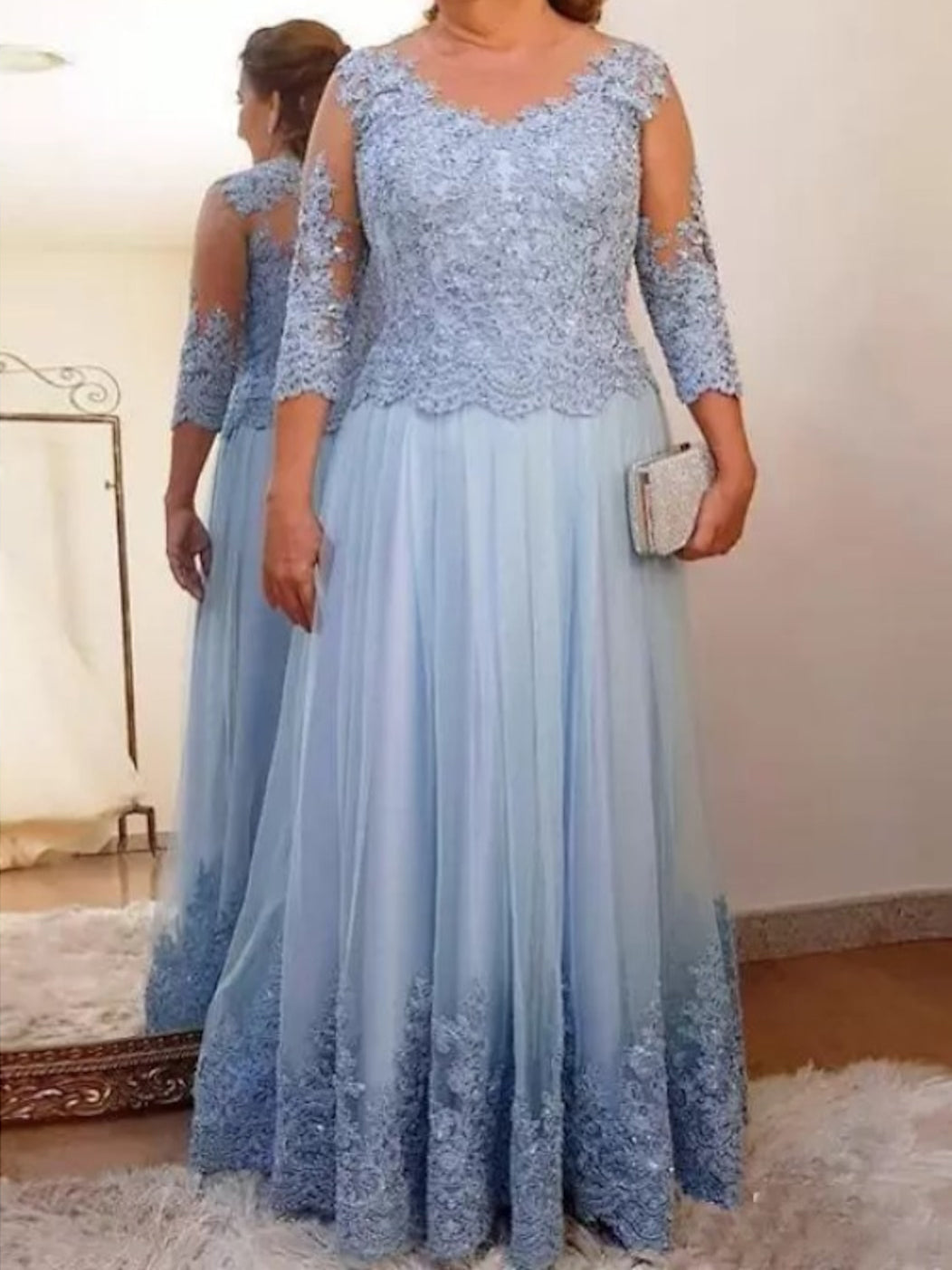 Robe de Mère de la Mariée Coupe A-Line/Princess, Col Transparent, Manches 3/4, Longueur Au Sol, avec Appliques