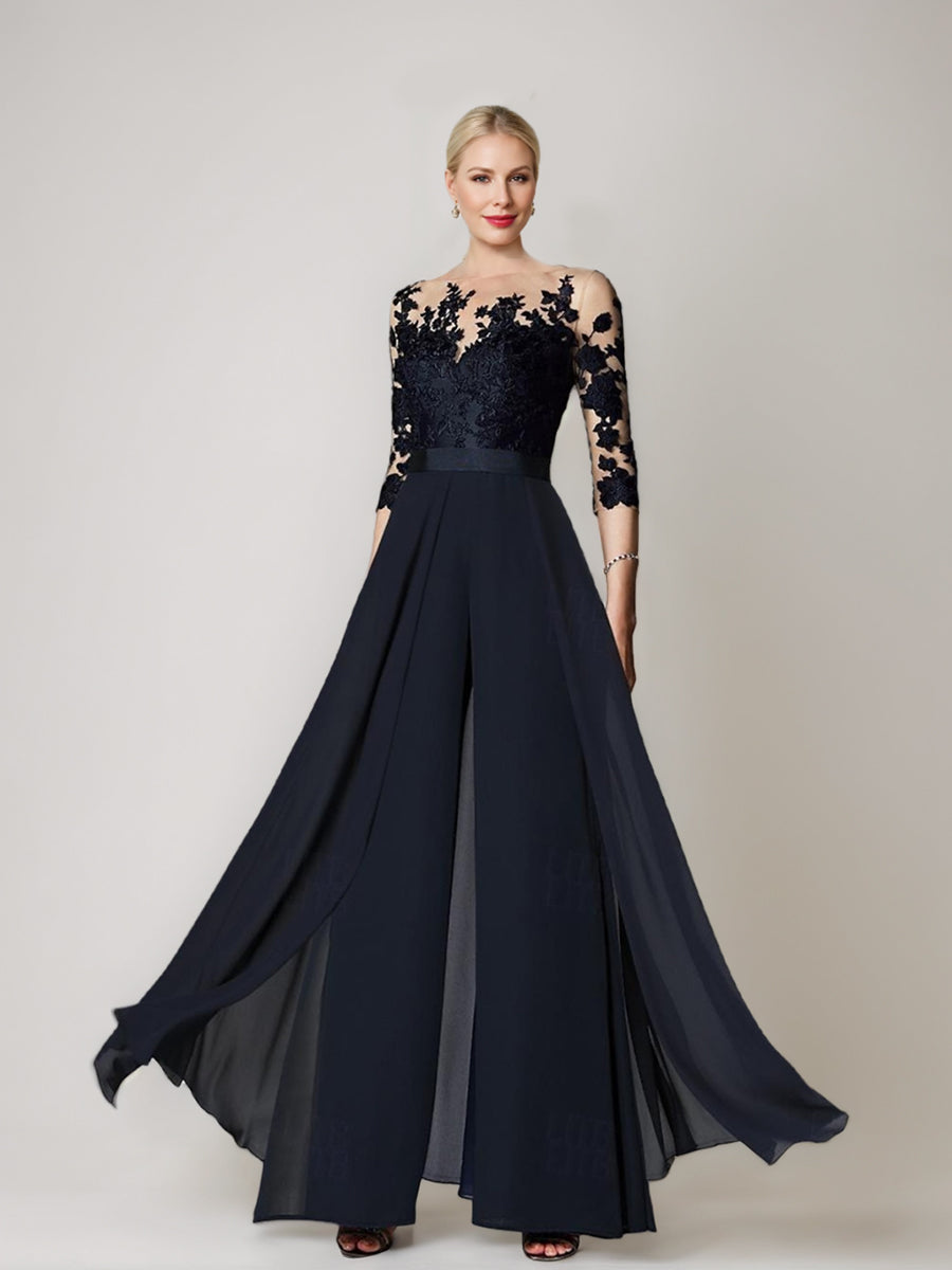 Ligne A/Princesse Collier Bijou 3/4 Length Sleeves La Longueur du Sol Plus TailleTailleurs-pantalons pour mère de la mariée avec Appliqué