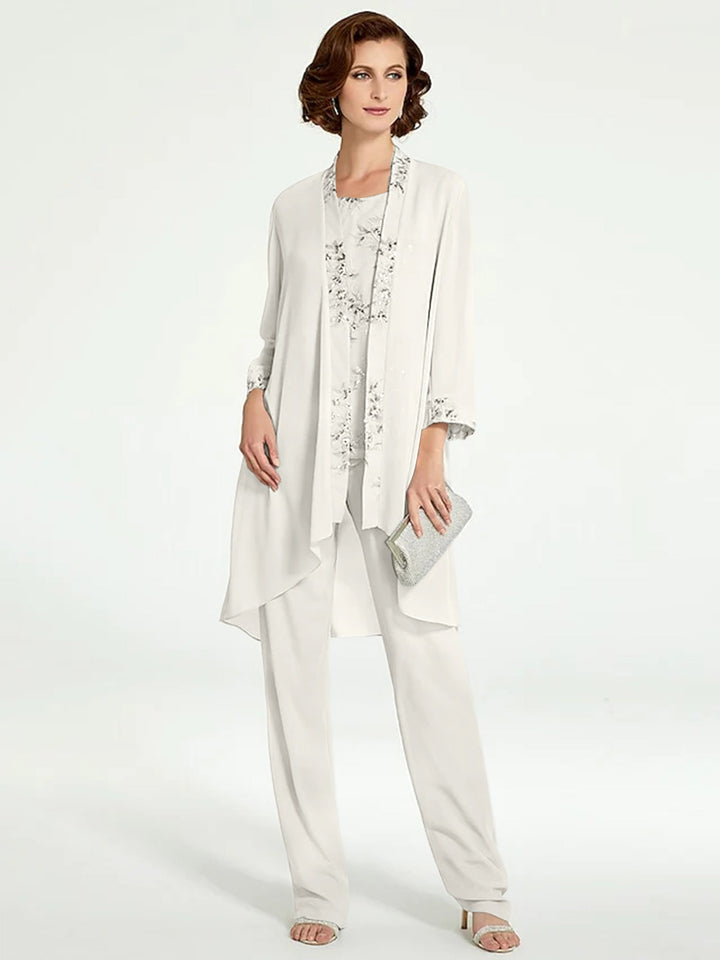 Tailleur-Pantalon en Mousseline à Col Rond et Longueur Au Sol pour Mère de la Mariée avec Veste