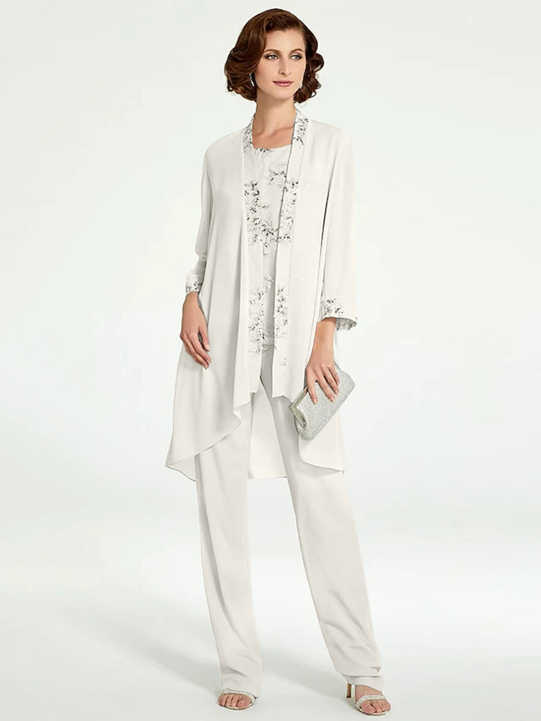 Tailleur-Pantalon en Mousseline à Col Rond et Longueur Au Sol pour Mère de la Mariée avec Veste