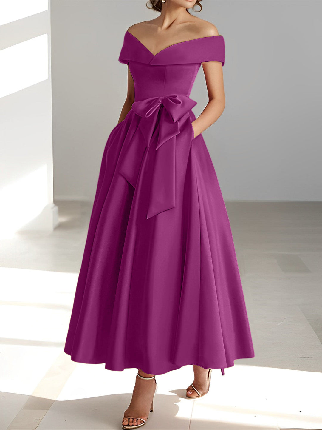 Robe de Mère de la Mariée A-Line/Princess à Épaules Dénudées Sans Manches et Longueur Cheville avec Poches