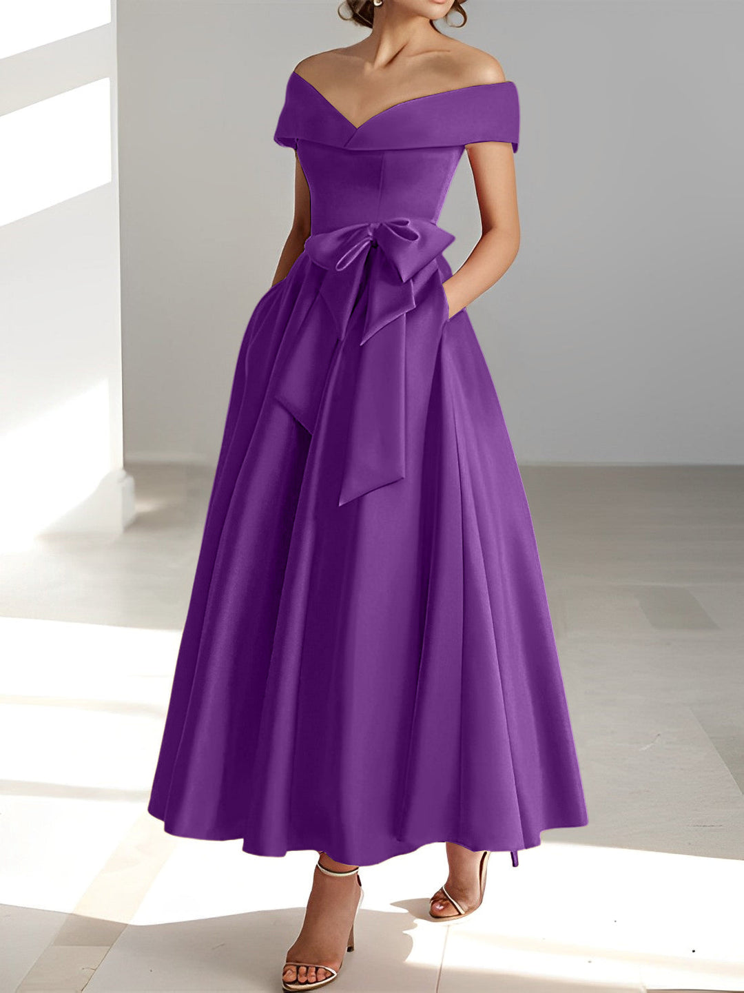 Robe de Mère de la Mariée A-Line/Princess à Épaules Dénudées Sans Manches et Longueur Cheville avec Poches