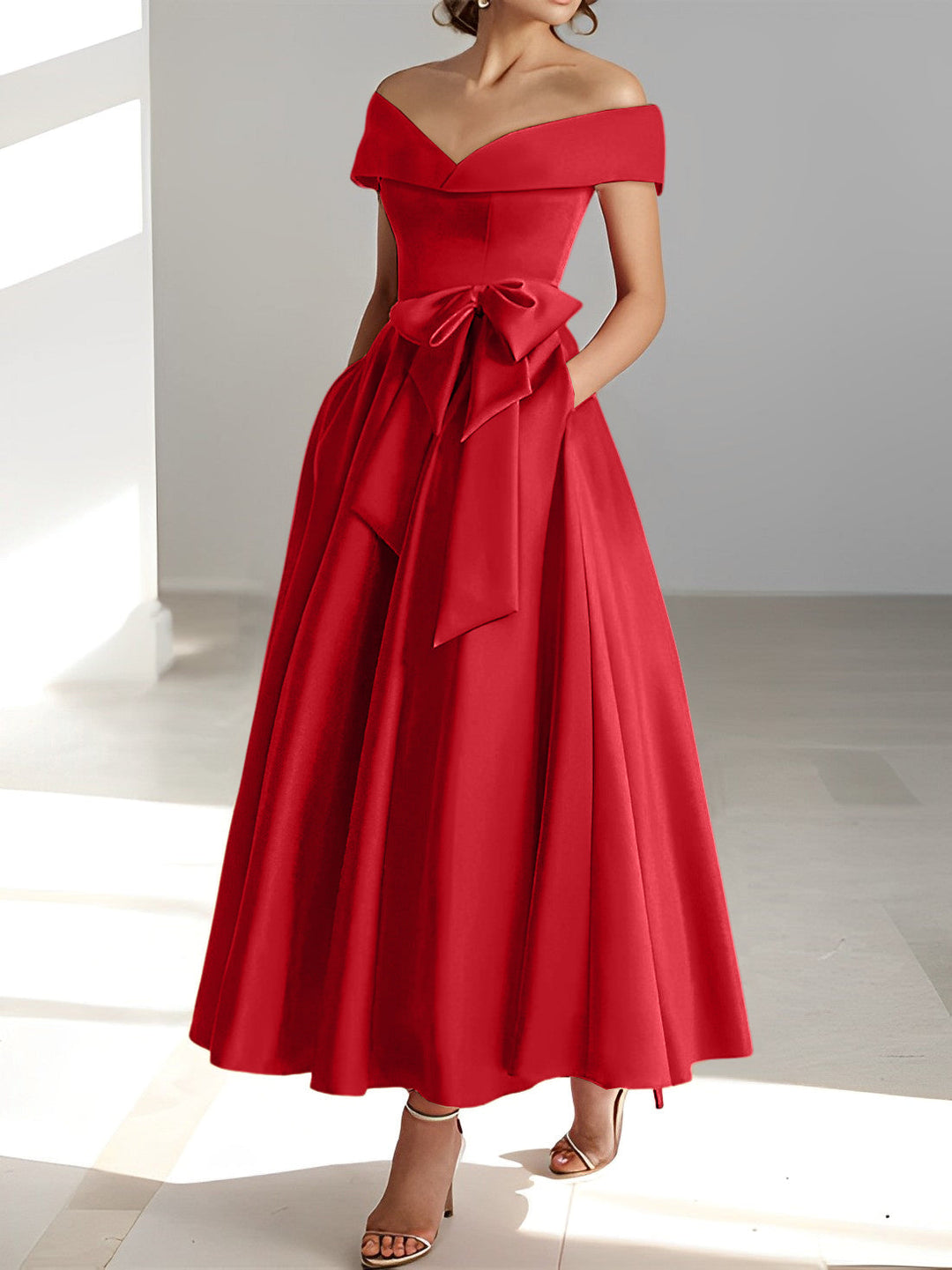 Robe de Mère de la Mariée A-Line/Princess à Épaules Dénudées Sans Manches et Longueur Cheville avec Poches