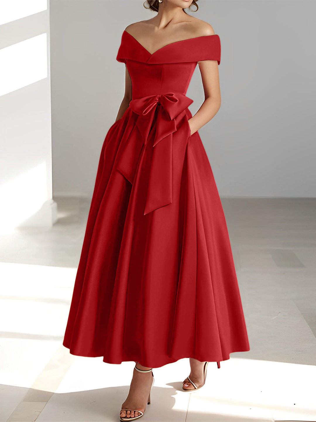 Robe de Mère de la Mariée A-Line/Princess à Épaules Dénudées Sans Manches et Longueur Cheville avec Poches