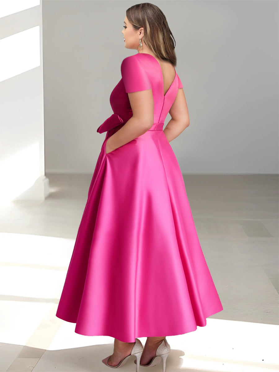 Robe de Mère de la Mariée Coupe A-Line/Princess, Col en V, Manches Courtes, Longueur Cheville, avec Poches et Volants