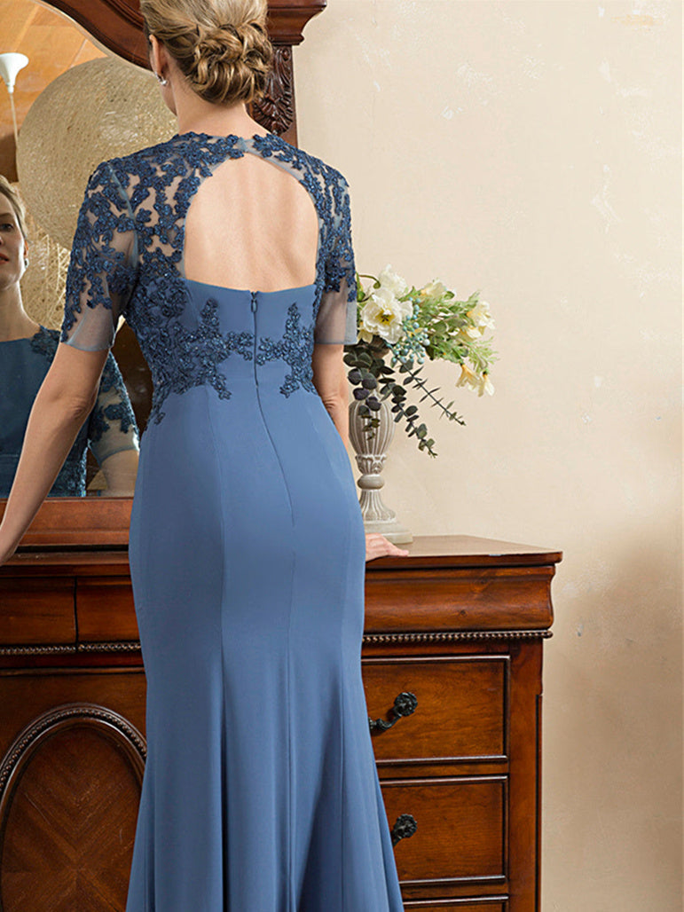 Robe de Mère de la Mariée Trompette/Sirène à Manches Courtes et Longueur Cheville avec Fente