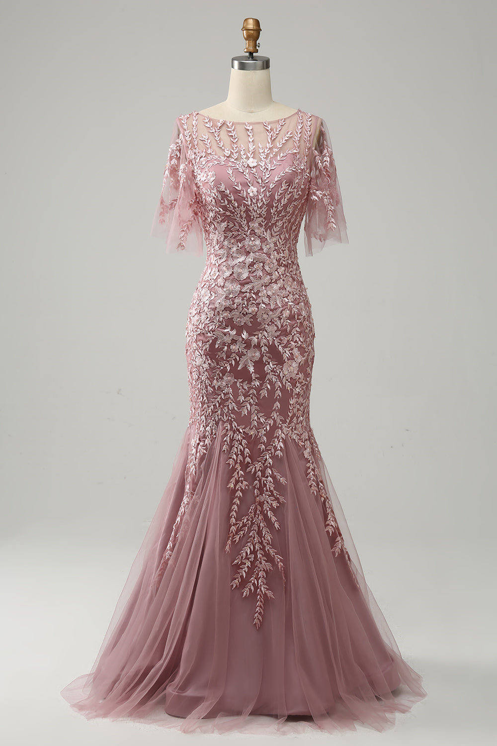 Robe de Mère de la Mariée en Forme de Trompette/Sirène à Manches Mi-Longues et à Encolure Dégagée avec Dentelle
