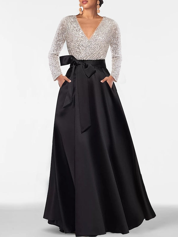 Robe de Mère de la Mariée Coupe A-Line/Princess, Col en V, Manches Longues, Longueur Au Sol, avec Poche et Paillettes