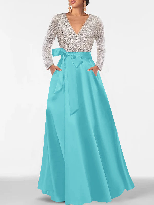 Robe de Mère de la Mariée Coupe A-Line/Princess, Col en V, Manches Longues, Longueur Au Sol, avec Poche et Paillettes