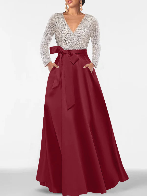 Robe de Mère de la Mariée Coupe A-Line/Princess, Col en V, Manches Longues, Longueur Au Sol, avec Poche et Paillettes