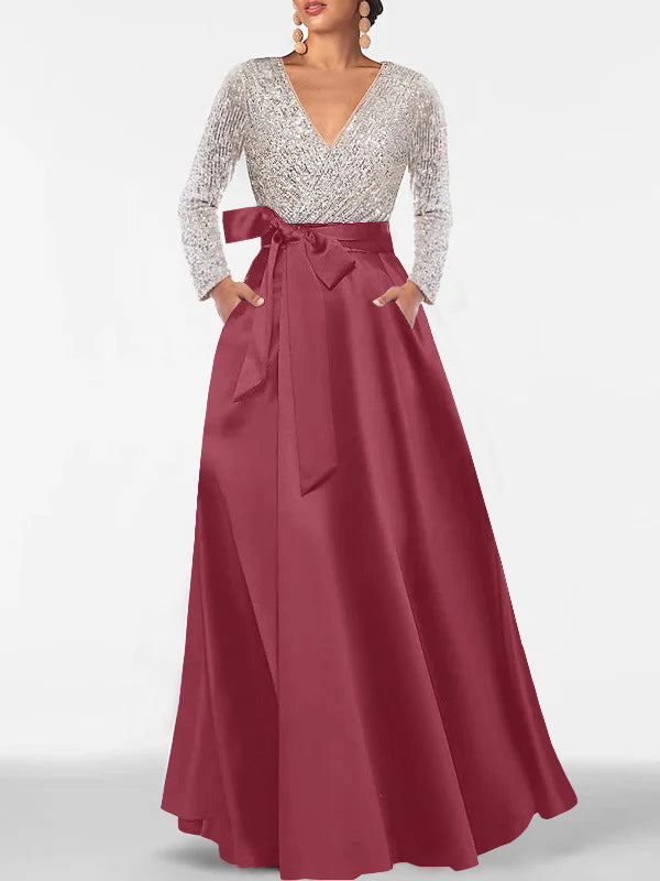 Robe de Mère de la Mariée Coupe A-Line/Princess, Col en V, Manches Longues, Longueur Au Sol, avec Poche et Paillettes