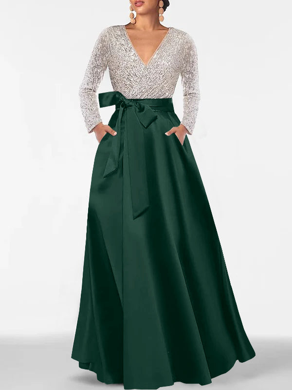 Robe de Mère de la Mariée Coupe A-Line/Princess, Col en V, Manches Longues, Longueur Au Sol, avec Poche et Paillettes