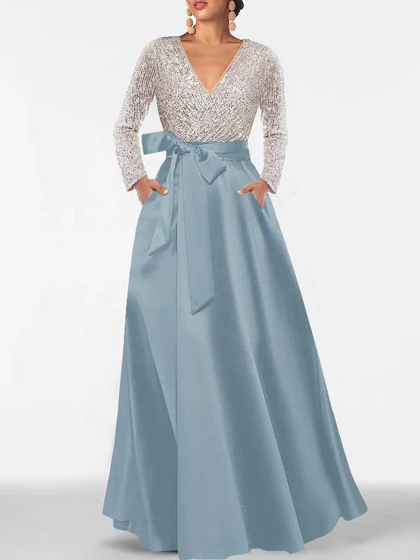 Robe de Mère de la Mariée Coupe A-Line/Princess, Col en V, Manches Longues, Longueur Au Sol, avec Poche et Paillettes