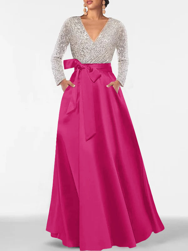 Robe de Mère de la Mariée Coupe A-Line/Princess, Col en V, Manches Longues, Longueur Au Sol, avec Poche et Paillettes